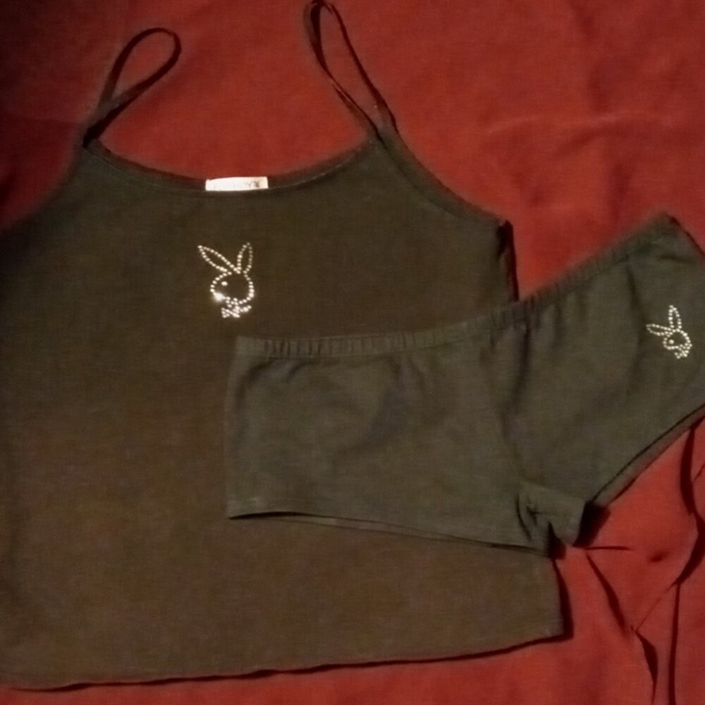 🔥SALE!!! 💋Vintage PLAYBOY Intimates Black CAMI & BOYSHORT w/RHINESTONE 🐇logo - Picture 4 of 10